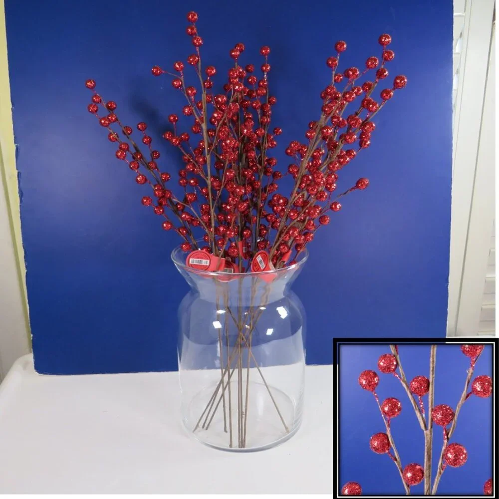 Red Floral (8) Stem Glitter Berries Faux Floral Picks